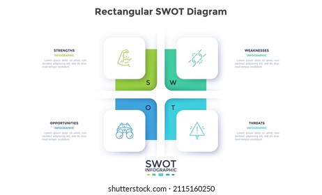 SWOT chart with 4 square paper white elements. Concept of threats, weaknesses, strengths, opportunities of company. Modern infographic design template. Flat vector illustration for business planning.