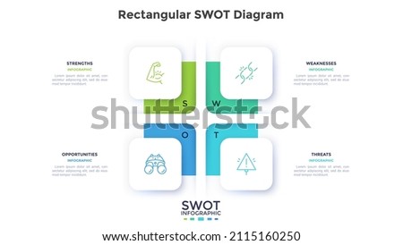 SWOT chart with 4 square paper white elements. Concept of threats, weaknesses, strengths, opportunities of company. Modern infographic design template. Flat vector illustration for business planning.