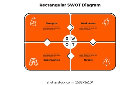 SWOT chart divided into 4 parts or segments. Concept of strengths, weaknesses, opportunities and threats of company. Flat infographic design template. Simple vector illustration for business analysis.