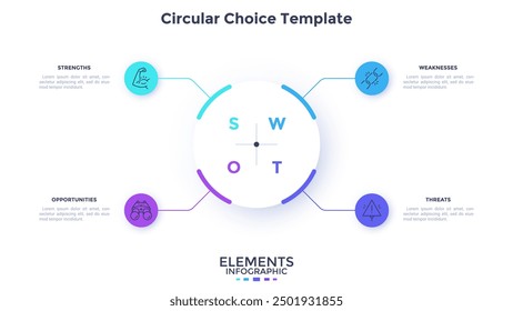 SWOT chart with four circles connected to round element in center. Concept of strengths, weaknesses, strengths and opportunities of project. Infographic design template. Flat vector illustration.