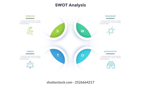 Gráfico SWOT com quatro círculos conectados ao elemento redondo no centro. Conceito de pontos fortes, pontos fracos, pontos fortes e oportunidades do projeto. Modelo de design infográfico. Ilustração de vetor plano.