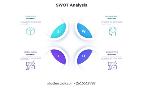 SWOT chart with four circles connected to round element in center. Concept of strengths, weaknesses, strengths and opportunities of project. Infographic design template. Flat vector illustration.
