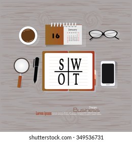 SWOT  concept.Office desk top view with  SWOT word. Flat design style . office equipment, working tools and other business elements on wood background.vector illustration.