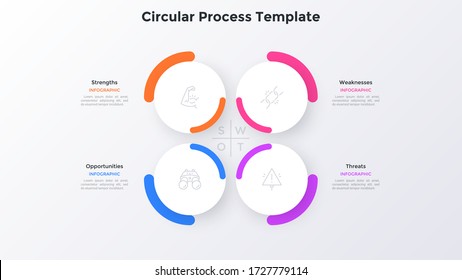 SWOT diagram with 4 paper white round elements. Concept of company's threats, weaknesses, strengths, opportunities. Infographic design template. Simple vector illustration for business presentation.