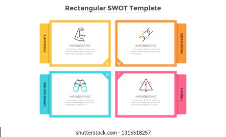 SWOT diagram with 4 rectangular elements. Strengths, weaknesses, threats and opportunities of company. Creative infographic design template. Clean vector illustration for corporate strategic planning.