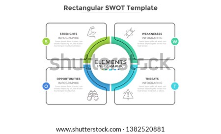 SWOT diagram with 4 rectangular elements. Comparison chart, analysis of advantages and disadvantages of company. Flat infographic design template. Vector illustration for strategic business planning.