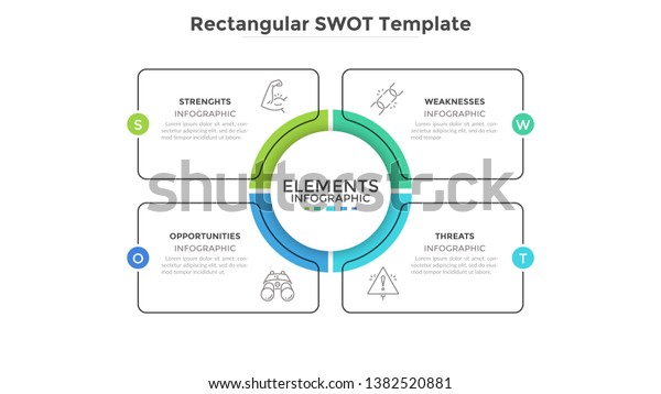 SWOT diagram with 4 rectangular elements.\
Comparison chart, analysis of advantages and disadvantages of\
company. Flat infographic design template. Vector illustration for\
strategic business\
planning.