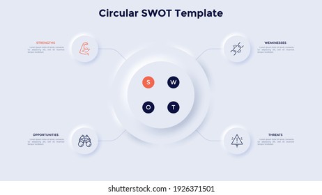 SWOT diagram with 4 round elements connected to main circle. Concept of threats, weaknesses, strengths, opportunities of company. Neumorphic infographic design template. Modern vector illustration.