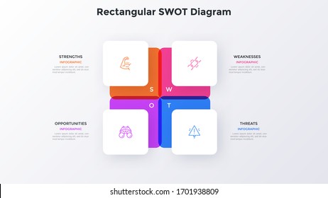 SWOT diagram with 4 square elements. Concept of advantages and disadvantages of company. Modern flat infographic design template. Minimal vector illustration for corporate data visualization, report. 