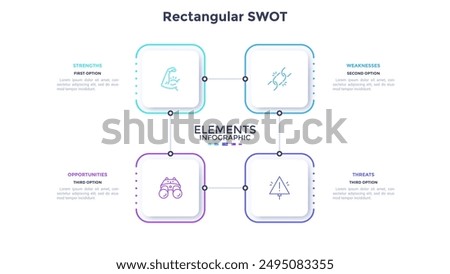 SWOT diagram with four connected square elements. Concept of threats, weaknesses, strengths, opportunities of company. Minimal infographic design template. Modern flat vector illustration for banner.