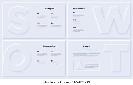 SWOT diagram with four paper white rectangular elements. Concept of threats, weaknesses, strengths, opportunities of company. Simple clean infographic design template. Neumorphic vector illustration.