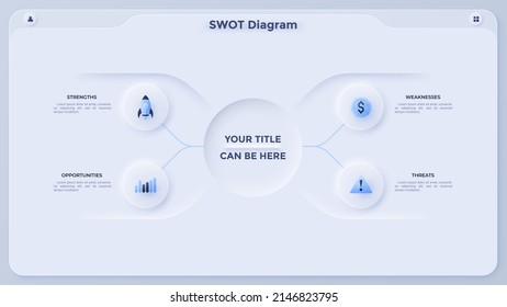 SWOT diagram with four paper white round elements connected to main circle. Concept of advantages and disadvantages of company. Minimal infographic design template. Neumorphic vector illustration.