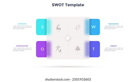 SWOT diagram with four rectangular elements covered by translucent square. Concept of advantages and disadvantages of business project. Simple infographic design template. Flat vector illustration.