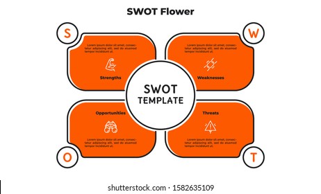 SWOT flower diagram with 4 petals. Concept of advantages and disadvantages of company. Flat infographic design template. Modern minimal vector illustration for business information visualization.