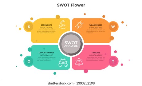 SWOT flower diagram consisted of 4 colorful elements or cards. Advantages and disadvantages of company. Flat infographic design template. Vector illustration for business analysis, strategic planning.