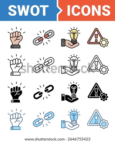 SWOT icon set with multiple style collection.	