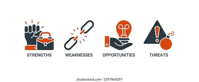 SWOT icon set. Vector illustration concept with an icon of strengths, weaknesses, opportunities and threats icons. Solid color vector symbol background.