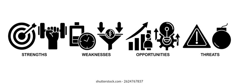 SWOT icon set vector illustration concept for strengths, weaknesses, threats and opportunities analysis with an icon of value, goal, break chain, low battery, growth, check, and crisis