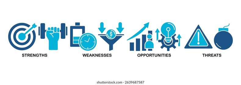 SWOT icon set vector illustration concept for strengths, weaknesses, threats and opportunities analysis with an icon of value, goal, break chain, low battery, growth, check, and crisis