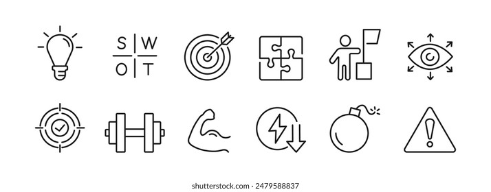 Iconos SWOT. Conjunto de análisis DAFO con fortaleza, amenazas, debilidad y oportunidades.