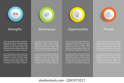 Plantilla de análisis de infografía de swot. Fondo con icono y Cuatro elementos coloridos. Ilustración del vector
