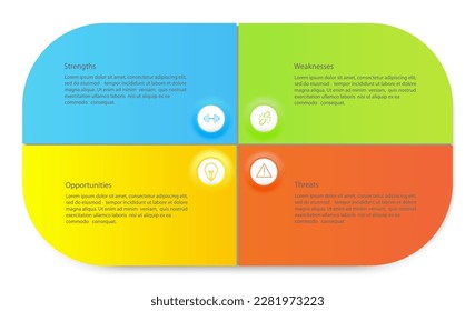 Plantilla de análisis de infografía de swot. Fondo con icono y Cuatro elementos coloridos. Ilustración del vector