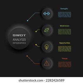Plantilla de análisis de infografía de swot. Fondo con icono y cuatro elementos coloridos y fondo negro. Ilustración del vector