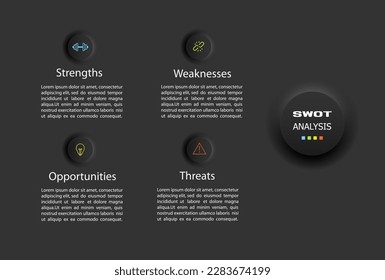 Schwarze Infografik-Analysevorlage. Hintergrund mit Symbol und vier bunten Elementen und schwarzem Hintergrund. Vektorgrafik