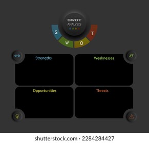 Plantilla de análisis de infografía de swot. Fondo con icono y Cuatro elementos coloridos y fondo negro con lugar para el texto. Ilustración del vector
