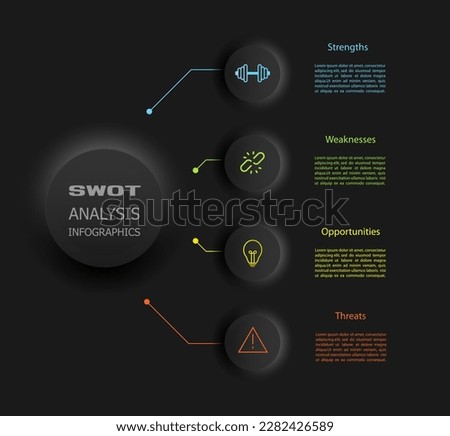 Swot infographic analysis template. Background with icon and Four colorful elements and black background. Vector illustration