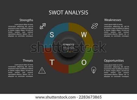 Swot infographic analysis template. Background with icon and Four colorful elements and black background. Vector illustration