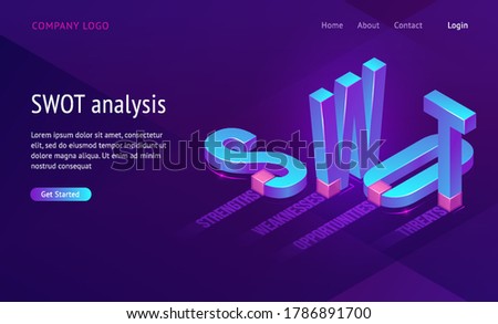 Swot isometric landing page with abbreviation of words Analysis, Strengths, Weaknesses, Opportunities, Threats. Business Concept, 3d Letters Standing and Lying on Purple Background, Vector web banner