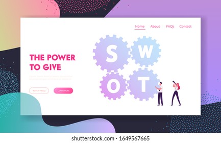 Swot Method of Strategy Planning, Business Instrument Website Landing Page. Empresario en movimiento de enormes ruedas, empresaria mirando a través de la página web Spyglass. Ilustración de vectores planos de caricaturas