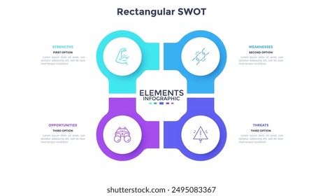 SWOT model with four circular elements. Concept of advantages and disadvantages of corporate project. Simple infographic design template. Flat vector illustration for business data visualization.