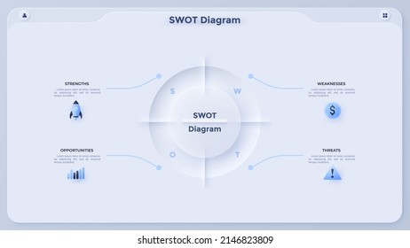 Gráfico circular SWOT dividido en cuatro elementos blancos de papel. Concepto de plan de planificación estratégica de la empresa. Plantilla mínima de diseño infográfico. Ilustración vectorial neumórfica moderna para presentación.