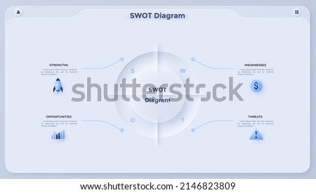 SWOT pie chart divided into four paper white elements. Concept of scheme for strategic planning of company. Minimal infographic design template. Modern neumorphic vector illustration for presentation.