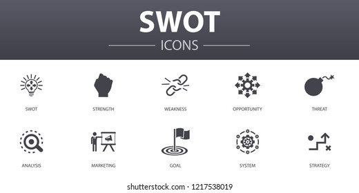 SWOT simple concept icons set. Contains such icons as Strength, weakness, opportunity, threat and more, can be used for web, logo, UI/UX