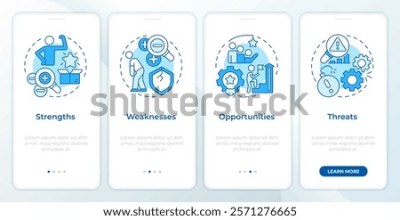 SWOT strategy blue onboardingmobile app screen. Business. Walkthrough 4 steps editable graphic instructions with linear concepts. UI, UX, GUI template