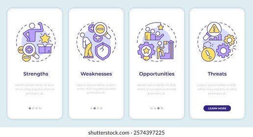 SWOT strategy onboarding mobile app screen. Business development. Walkthrough 4 steps editable graphic instructions with linear concepts. UI, UX, GUI template