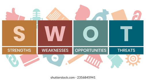 SWOT - oportunidad de debilidades de fortaleza y amenazas en el contexto del concepto de negocio. concepto de ilustración vectorial con palabras clave e iconos. ilustración con iconos para banner web, volante