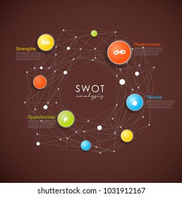 SWOT - (Strengths Weaknesses Opportunities Threats) business strategy mind map concept for presentations. Template with blue circles and dots - dark version.