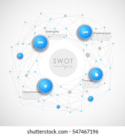 SWOT - (Strengths Weaknesses Opportunities Threats) business strategy mind map concept for presentations. Template with blue circles and dots - light version.