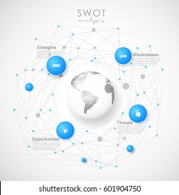 SWOT - (Strengths Weaknesses Opportunities Threats) business strategy mind map concept for presentations. Template with blue circles, dots and polygonal globe - light version.