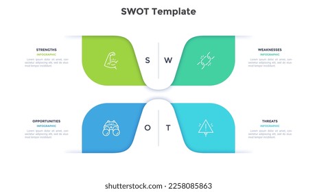 SWOT template for company activity analysis infographic chart design. Compare benefits and disadvantages of business strategy. Scheme with 4 segments and icons. Material for banners and web pages