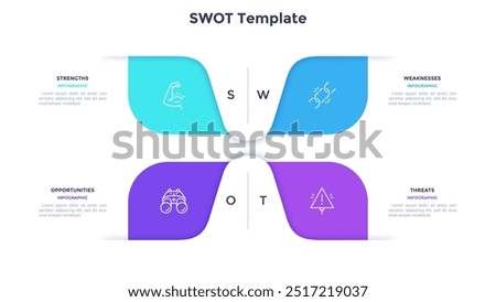 SWOT template for company activity analysis infographic chart design. Compare benefits and disadvantages of business strategy. Scheme with 4 segments and icons. Material for banners and web pages