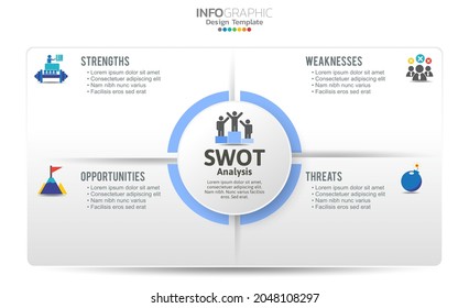 SWOT-analysis template or strategic planning technique. Infographic design with four elements template. 