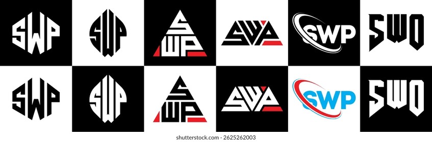 SWP letter logo design in six style. SWP polygon, circle, triangle, hexagon, flat and simple style with black and white color variation letter logo set in one artboard. SWP minimalist and classic logo