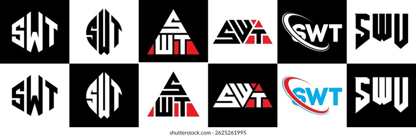 Diseño del logotipo de la letra de SWT en seis estilos. SWT polígono, círculo, triángulo, hexágono, estilo plano y simple con logo de letra de variación de color blanco y negro en una mesa de trabajo. Logotipo minimalista y clásico de SWT