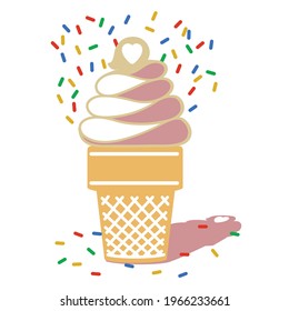 Swurly soft ice cream cone with colored sprinkles the cone reversed out of a dark background with a few revesed sprinkles on the countertop
