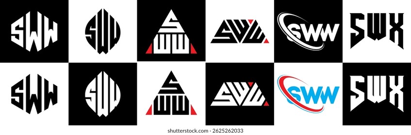 SWW letter logo design in six style. SWW polygon, circle, triangle, hexagon, flat and simple style with black and white color variation letter logo set in one artboard. SWW minimalist and classic logo